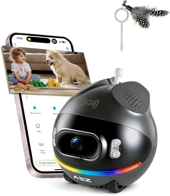 AEZ Robot Camera on Wheels 1080P Dual Lens,Indoor Movable Security Camera with 2-Way Talk,Blinky Bot with Night Vision,Distance Bot App Control for Cats/Dogs/Baby/Elderly (SD/Cloud Storage)