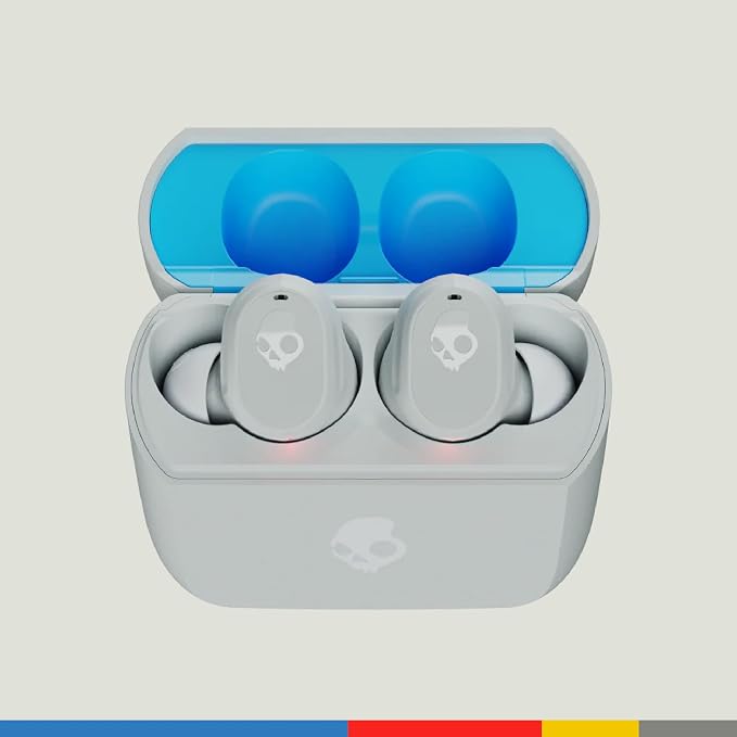 Skullcandy Mod Wireless Earbuds, Bluetooth Headphones, Up to 32 Hours Battery, Noise Isolating Fit, Sweat and Water Resistant, Microphone for iPhone Android - Light Grey/Blue