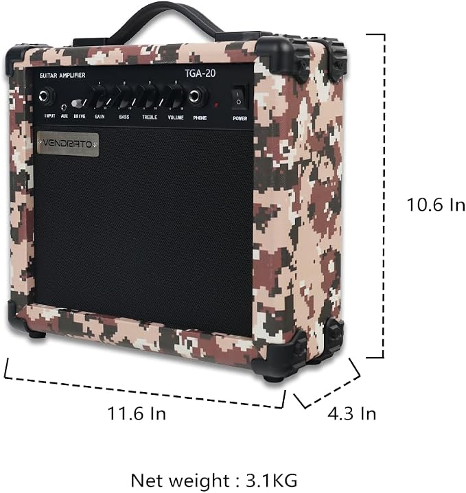Electric Guitar Amp Pixel Mosaic Color 20W 6.5Inch Speaker Portable Size Input Jack Aux Drive Gain Bass Treble Volume Headphone Multi Function Suitable for Beginner Starter Practice in Home Outdoor
