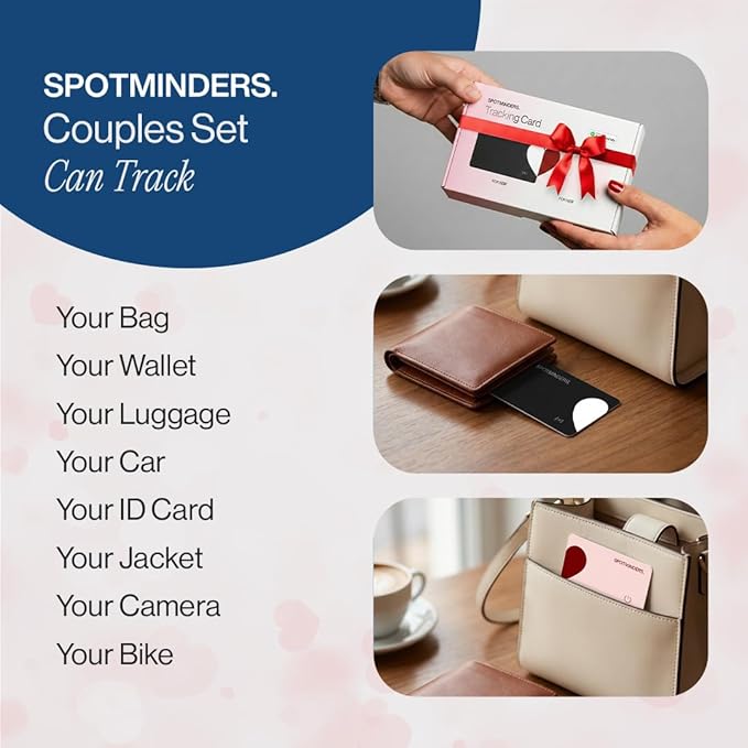 SPOTMINDERS Apple MFi Certified Wallet Tracker 2-Pack Black & Pink (iOS Only) Travel Pack for Couples 0.07in Works with Apple Find My Rechargeable Tracking Card Slim Item Finder for Luggage, Passport