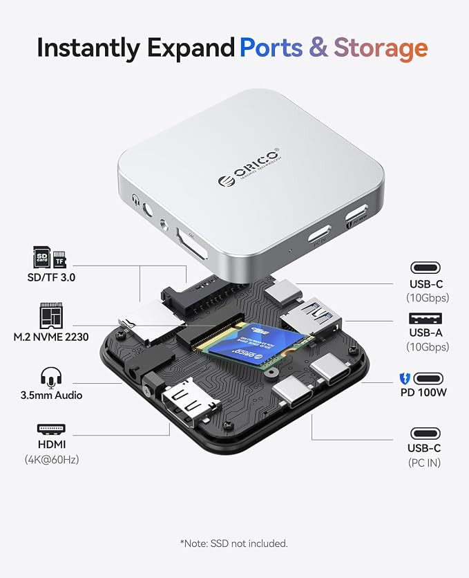 ORICO 10Gbps Magnetic M.2 Docking Station, 8-in-1 USB C HUB & M.2 2230 NVMe Enclosure with HDMI 4K@60Hz,SD/TF, USB-A&C 3.2, 100W PD, AUX, USBC Dock for iPhone 17/16/15 Pro/Pro Max