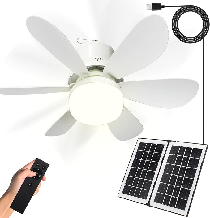 Solar Ceiling Fan Light, 17.3" 10000mAh Battery Operated Portable Gazebo Fan with Remote, Foldable Solar Panel for Camping RVs Tent Patio Canopy Chicken Coop Outside