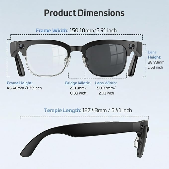 AI Smart Glasses with Camera,8MP 4K HD Camera Glasses,Supports AI Voice Control/Photo/Video/Audio Recording,Bluetooth Glasses with 133 Translations,IP67 Waterproof for Business,Outdoor,Men & Women