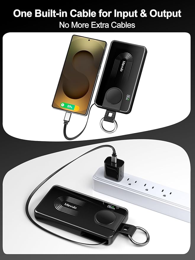 Mavulo 3-in-1 Portable Charger 10000mAh Power Bank for Samsung Galaxy Watch, Retractable USB-C Cable, 20W PD Fast Charging, LED Display & Keychain Battery Pack for iPhone 17/16/15 Air Pro Max Plus/S26