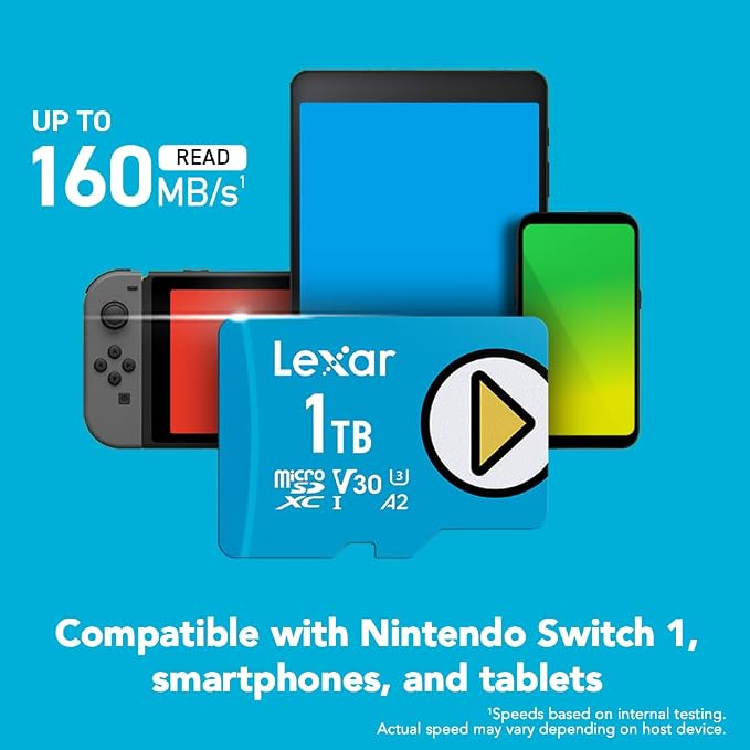 Lexar 1TB Play Blue Micro SD Card, UHS-I, C10, U3, V30, A2, 4K, Up to 160MB/s microSDXC Memory Card, Expanded Storage for Nintendo-Switch 1, Gaming Devices, Smartphones, Tablets (LMSPLBL001T-BNNNU)