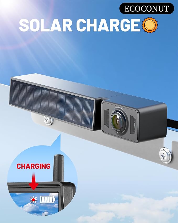 Solar Wireless Backup Camera with IR Night Vision, 3 Mins No Wires Install, Equip with 5'' HD 1080P Monitor, IP69K Waterproof Rear View Reverse Camera for Cars Trucks Trailers RV
