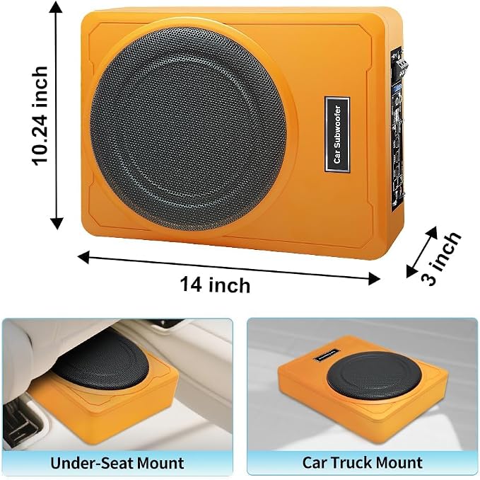 Junsun Slim Under-Seat 10″ 800W Powered Car/Truck Subwoofer & Amp Combo – 220W RMS, Built-in Amplifier, High/Low Input, with Wire Mounting Kit (Vibrant Orange)