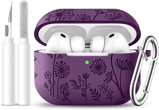 Lerobo Flower Engraved Case for AirPods Pro 3 with Cleaner Kit,Soft Silicone Cover with Keychain Compatible with Apple AirPods Pro 3rd Generation Case for Women & Men,360°Protection,Led Visible,Purple