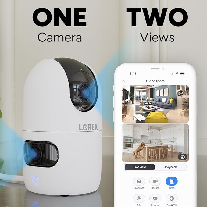 Lorex Connect [New APP] 2K Indoor Dual Lens Wi-Fi 6 Camera | 360° Pan-Tilt | Person & Pet Detection | Color Night Vision | Instant Call | 2-Way Talk | Cloud & Local Storage Option