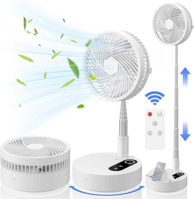 9.5" Portable Standing Oscillating Fan with Remote - 10000mAh Rechargeable Battery Tall Floor Foldable Travel Fan for Sleeping - Pedestal Stand up Folding Fan for Home Bedroom (White)
