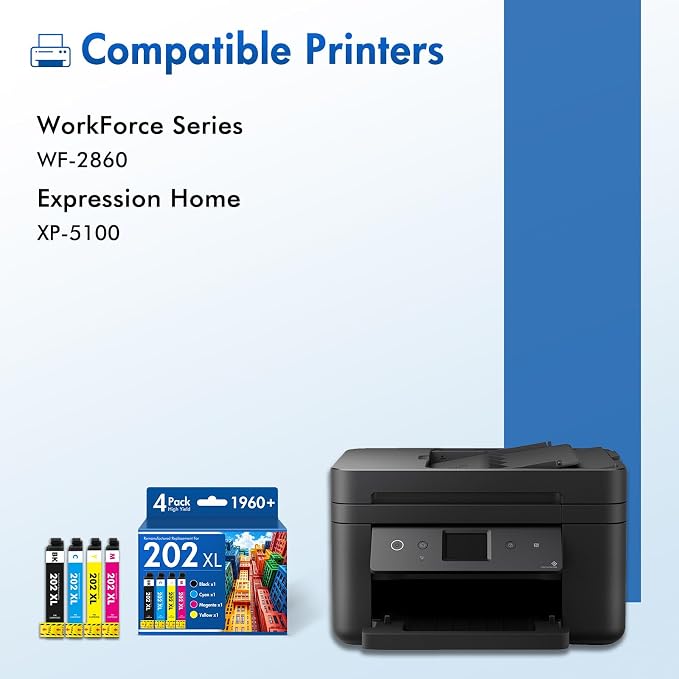 Remanufactured Replacement for 202XL WF-2860 Ink Cartridges Multipack for Epson Printer Workforce WF-2860 WF 2860 Expression Home XP-5100 (4 Pack B/C/M/Y)