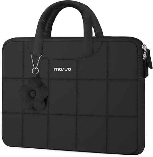 MOSISO Laptop Case 16 inch, 15-15.6 inch Puffy Laptop Sleeve Compatible with MacBook Pro 16 M5 M4 M3 M2 M1,HP Acer Dell Lenovo Notebook,Rectangle Quilted Bag with Handle&Flower Pendant, Black