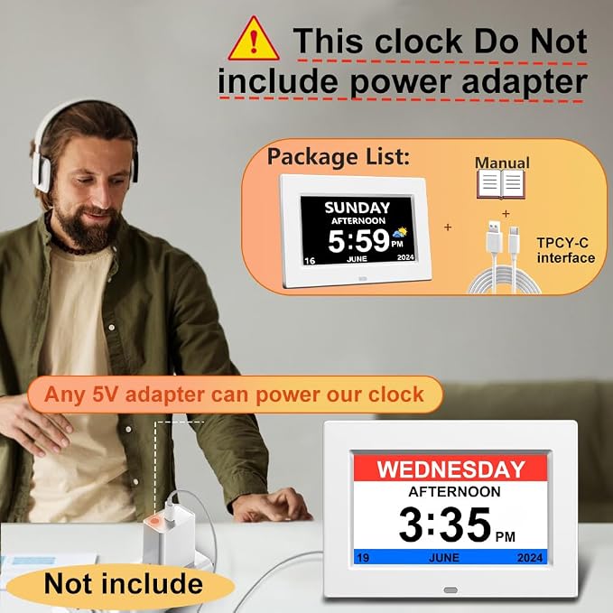 AINFTIME DST Digital Clock with Date and Day of Week for Elderly-12 Alarms Medication Reminder Dementia Alzheimers Clock Calendar with Extra Large Display No Power Adapter (7 inch White)