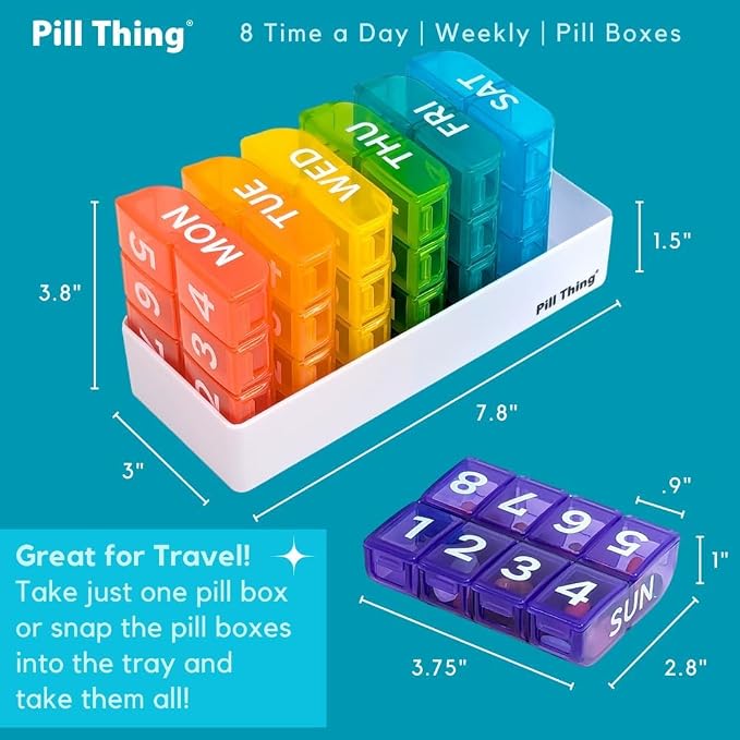 8 Times a Day, 7 Day Large Weekly Pill Organizer with Holder Tray, Vitamin, Medicine Box, Multicolor with Medical Alert Card (8X a Day - 2 Pack)