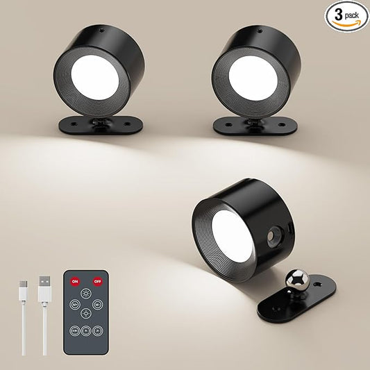 3 Pack LED Wall Sconces, Battery Operated Wall Lights for Reading, Cordless Bedside Lamp with Remote & Touch Control, 360° Magnetic Rotation & Rechargeable, 3 Color Modes Dimmable (Black)