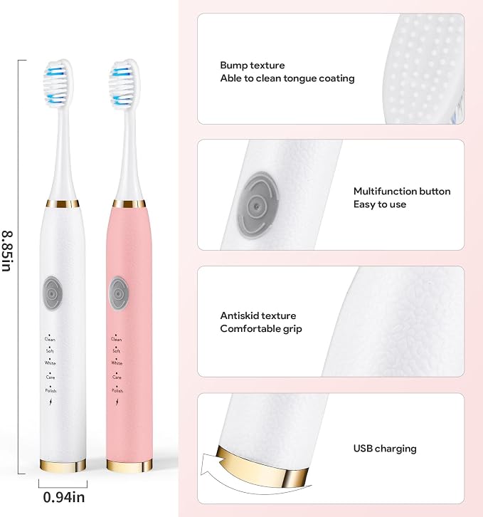 Dnil 2-Pack Rechargeable Sonic Toothbrush for Adults, Long-Lasting Battery Operated, 35,000 VPM Fast Brushing, Includes 10 Brush Heads and 5 Mode Options for Personalized Oral Care (White & Pink)