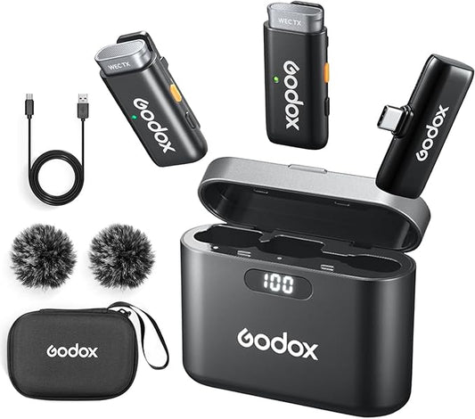 GODOX WES2 KIT2 Wireless Lavalier Microphone for Type-C, MFi Certified, Plug and Play Noise Cancelling Lapel Mic with 656ft Transmission, Charging Case, Compatible with Type-C, iPhone 15 (WES2 KIT2)