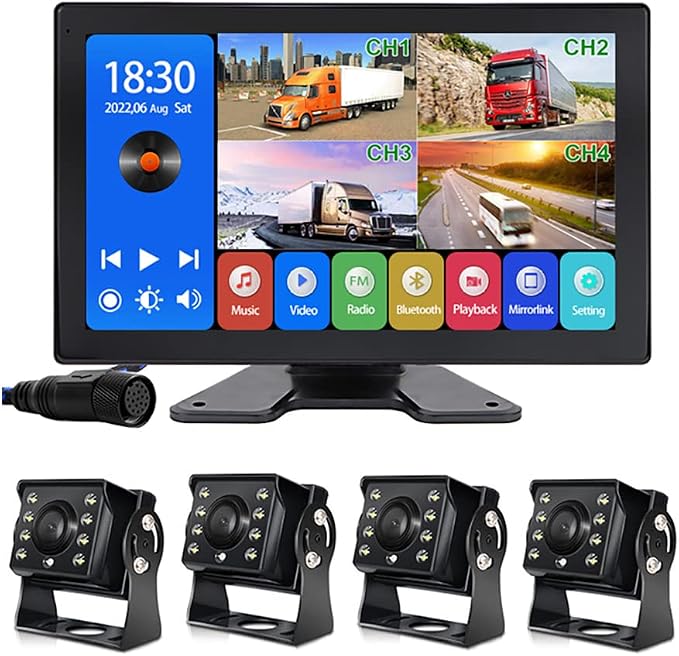 EVERSECU 4K Car Backup Cameras System with 10.1" Touch Screen Quad Display Monitor & 4pcs 1080P Backup AHD Cameras, MP5 Player, Vehicle DVR Recorder for RV/Truck/Bus/Trailer/Camper/Van