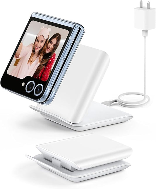 Wireless Charger for Samsung Galaxy Z Flip 7, Foldable 15W Fast Qi-Certified Charging Stand for Galaxy Z Flip 7/6/5/4/3 & Motorola Razr+ | PD 20W Adapter Included | White Travel Dock