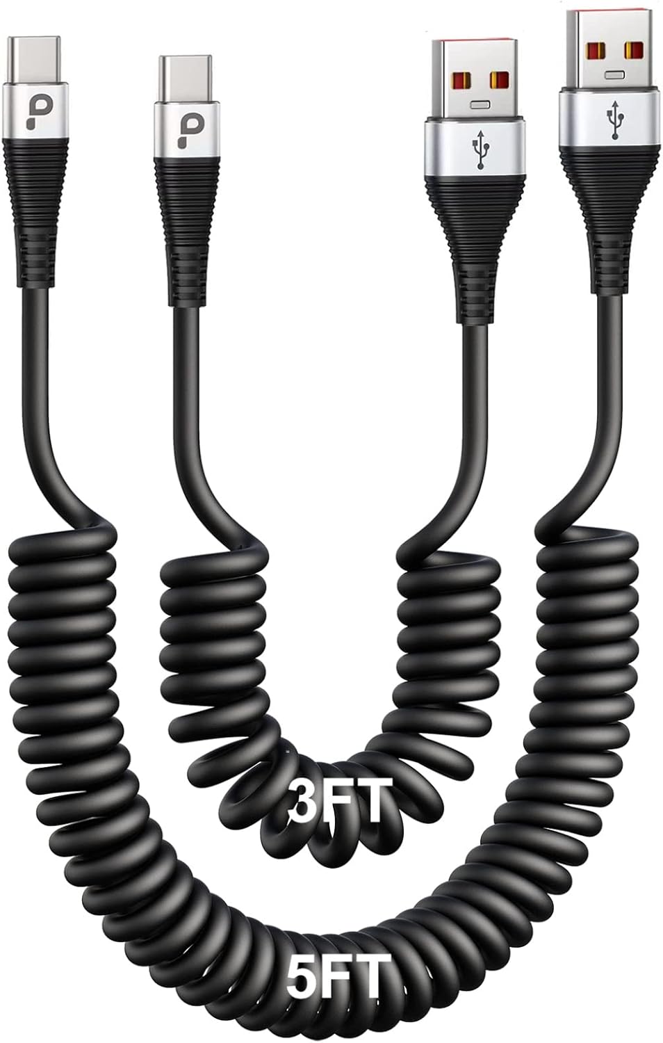 USB Type C Coiled Cable Fast Charging (3FT/5FT), 2Pack Android Auto Charging Cord for Car, Short USB A to USB C Charge Cable Compatible with iPhone 16/15/Pro Max/Samsung Galaxy S20 Note 10 and More