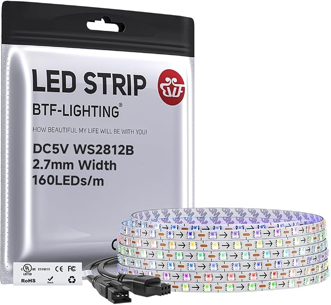BTF-LIGHTING WS2812B IC RGB 2.7mm Ultra Narrow LED Strip 0807SMD DC5V Individually Addressable 9.8FT 160Pixels/m 480LED Dream Color Tape Light for Home DIY Decoration IP30 (No Adapter or Controller)