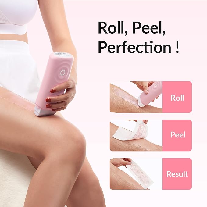 Waxfans Roll On Wax Kit, Wax Roller Kit, Waxing Kit for Women & Men,Cera Para Depilar for Home Hair Removal on Body and Legs, with 2 Rose Wax Refills & 50 Pcs Wax Strips, Easy & Smooth（Rose）