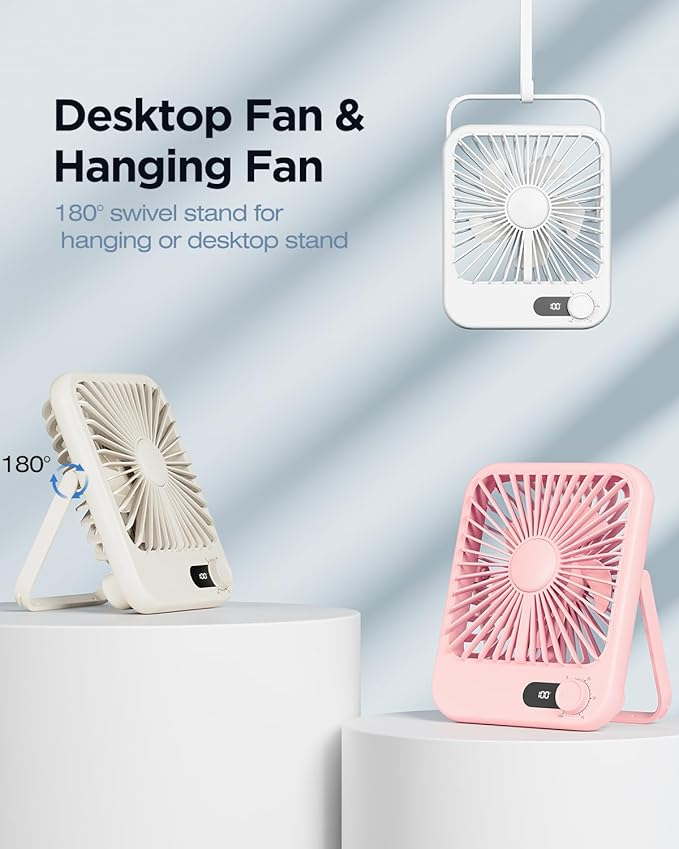 2 Pack Portable Travel Fan 5000mAh, 20 Hours Battery Life 6.8" Small Criuse Fan with 100 Speed,Digital Display, Rechargeable Battery Operated Quiet Personal Fan for Desk Office Bedroom Outdoor