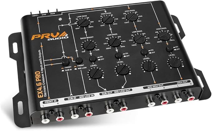 PRV Audio Crossover Car Audio EX4.6 PRO 4 Way or 3 Way Electronic Crossover 9 Volts, 4 in 6 Out RCA Channels Car Sound Processor - EX4.6PRO