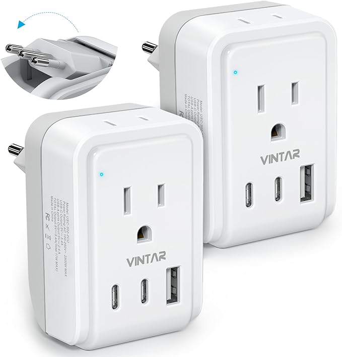 2 Pack Italy Travel Plug Adapter, VINTAR Foldable Italy Power Adapter with 3 USB Ports(2 USB C) and 2 American Outlets, 3 Prong Grounded Type L Plug Adapter for US to Italy Rome Uruguay Chile