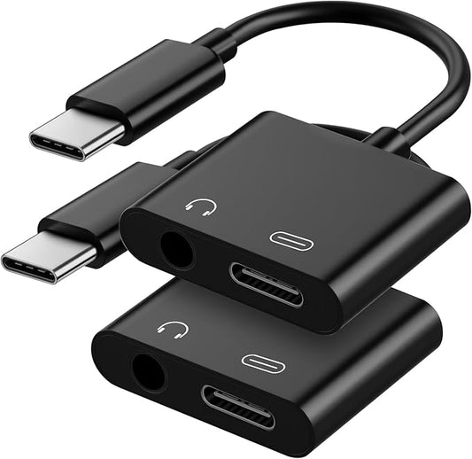 USB C to 3.5mm Headphone and Charger Adapter, 2-Pack Type C to Aux Jack Dongle Cable Cord with PD Fast Charging for iPhone 15/16/17 Pro/Max/Plus, iPad, Samsung Galaxy S23/S24 Ultra （Black）