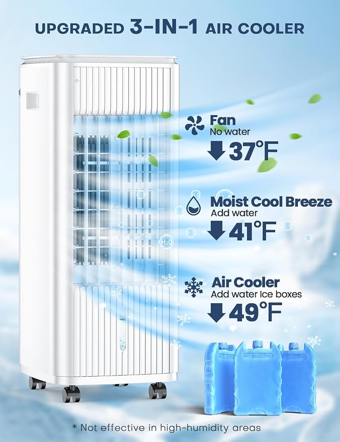 BALKO 25-INCH Evaporative Air Cooler, Swamp Cooler Air Conditioner w/Double Tanks, Smart Timer, 3 Ice Packs, 60W Windowless Air Conditioner, 70° Oscillation,3-Speed Portable Air Conditioners for Room