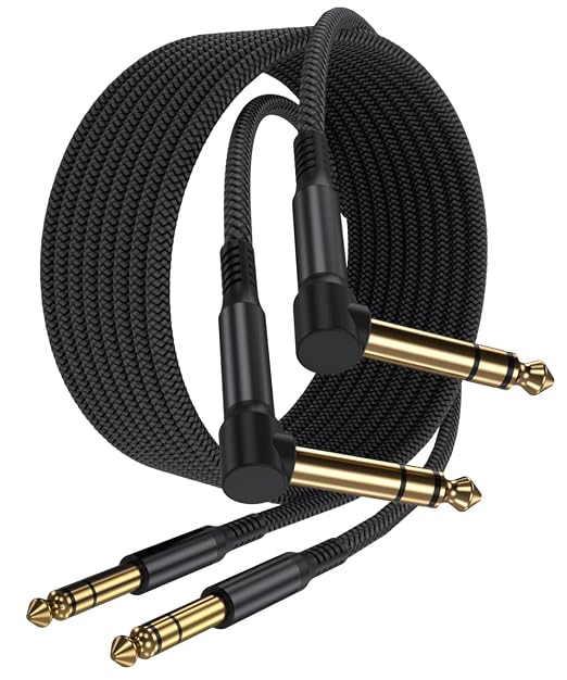 Elebase 1/4 Inch TRS Instrument Cable 20ft 2-Pack,Right-Angled to Straight 6.35mm Male Jack Stereo Audio Cord,6.35 Balanced Interconnect Line for Electric Guitar,Bass,Keyboard,Mixer,Amplifier,Speaker
