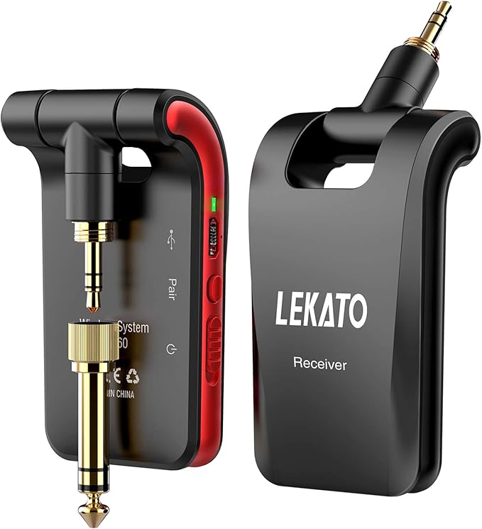 LEKATO Wireless Guitar System 2.4GHz Rechargeable Audio Wireless Transmitter Receiver 6 Channels for Guitar Bass Electric Instruments, Stereo and Mono 1/4” & 1/8” 2 in 1 Plugs,Black(WS-60)