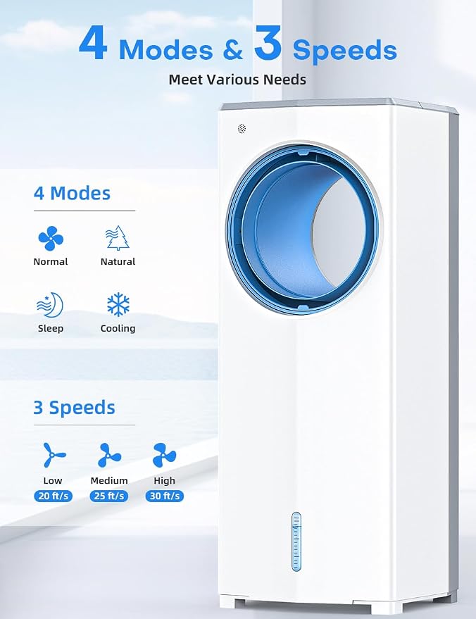 Windowless Air Conditioner, 27" Bladeless Evaporative Air Cooler with 4 Modes & 3 Speeds, Double Tanks, 4 Ice Packs, 25FT Remote,7H Timer, Portable Swamp Cooler Air Conditioner No Window Needed
