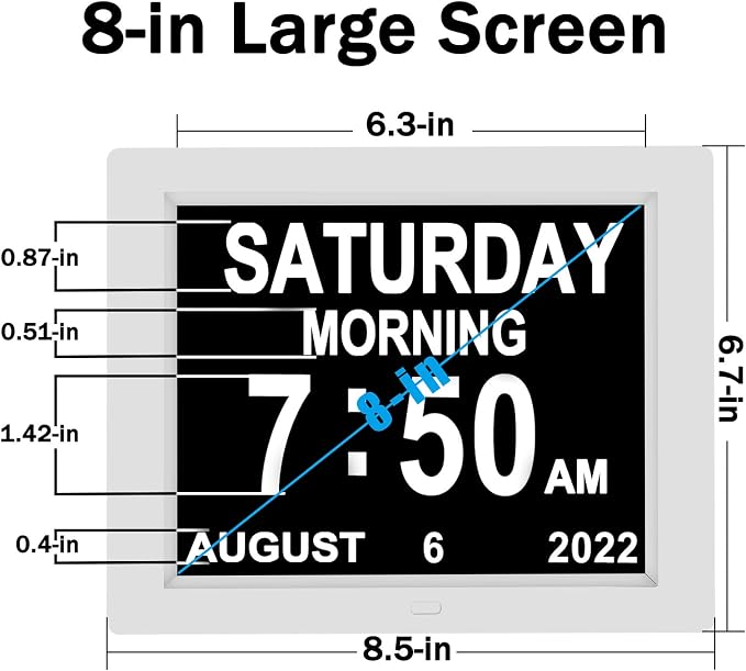 Medication Reminder Digital Calendar Dementia Day Date Time of The Week Clock for Seniors Elderly Impaired Vision Memory Loss Clock