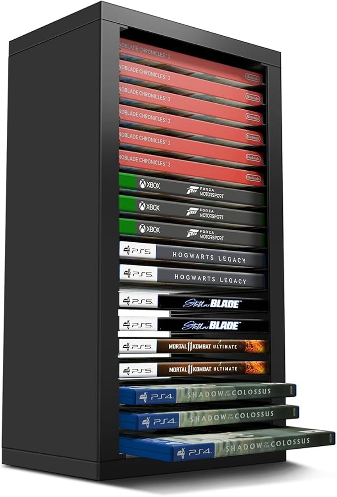 TNP Universal Video Game Storage Tower for PS5, PS4, PS3, Nintendo Switch, Xbox One, Xbox Series S/X - Black Video Game Holder Organizer Stand with 18 CD Case Storage for Organizing & Displaying