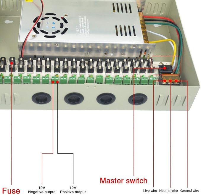 18 Channel CCTV Power Supply Box 12V 30A – High Capacity Power Distribution Box for Security Cameras, Lockable Metal Enclosure with Fused Outputs, Includes Extra fuses & Screw Driver