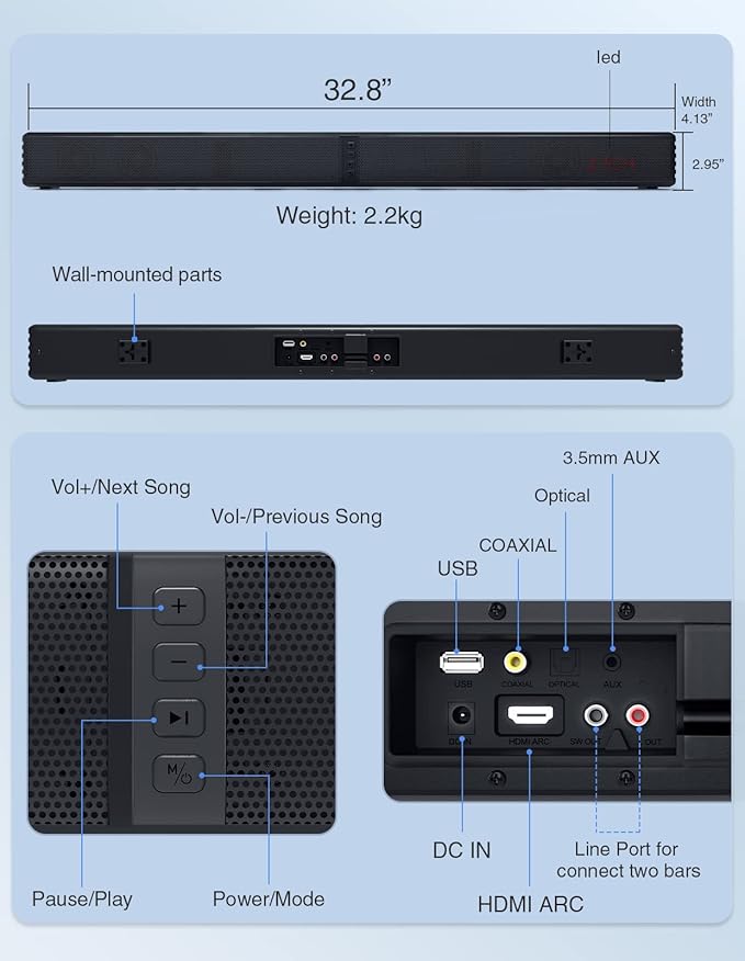 Puxinat 2 in 1 Separable Sound Bar for Smart TV, 2.2 Channel 32Inch Bluetooth 5.0 TV Speaker for Surround Sound System, Built-in Dual Subwoofer, Bass Adjustable, Remote Control Included(Sound Bar)