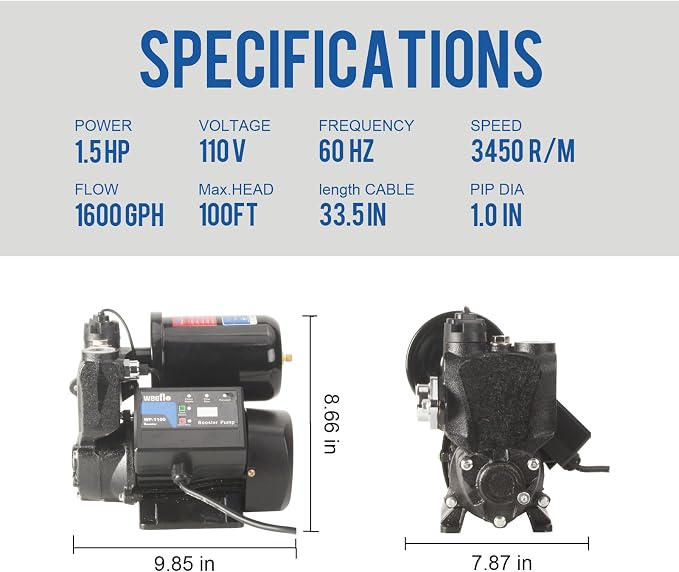 1.5HP Automatic Booster Pump, 1600 GPH Water Pump, 100ft Max Head, Mechanical Pressure Switch, Self-Priming Utility Pump for Shower, Irrigation, Basement, Garden, Pool (1.5HP/100FT)