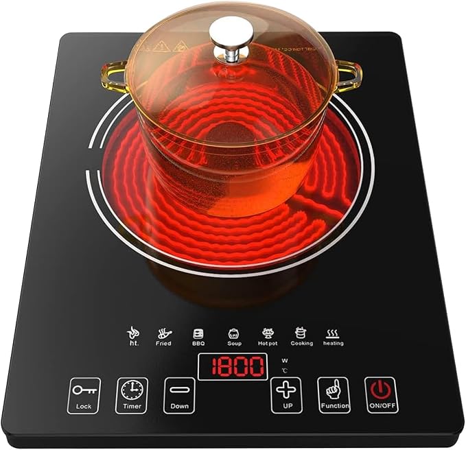 Electric Cooktop, Portable Electric Cooktop 1800W Single Burner Stove with LED Touch Screen, 8 Power & 8 Temperature Levels, Timer, 110V-120V Hot Plate for Home Camping