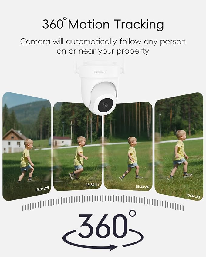 ZUMIMALL 2K Wired Outdoor Camera, 2.4G/5G WiFi Security Camera, 3MP, 24/7 Recording, AI Motion Detection, Cloud & SD Card Storage, 2-Way Audio, 360° PTZ Auto Tracking, Work with Alexa, IP66-2-Pack