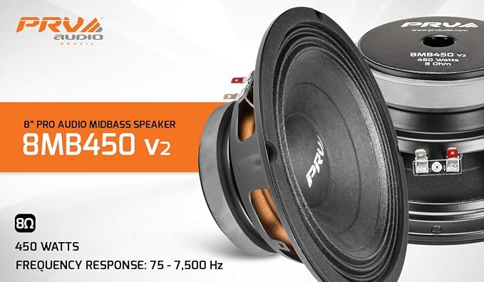 PRV AUDIO 8 Inch Midbass Speaker 8MB450 v2, 450 Watts, 8 Ohm, 2 in Voice Coil, Loudspeaker for High Output Pro/Car Sound System (2 Speakers) Bundle