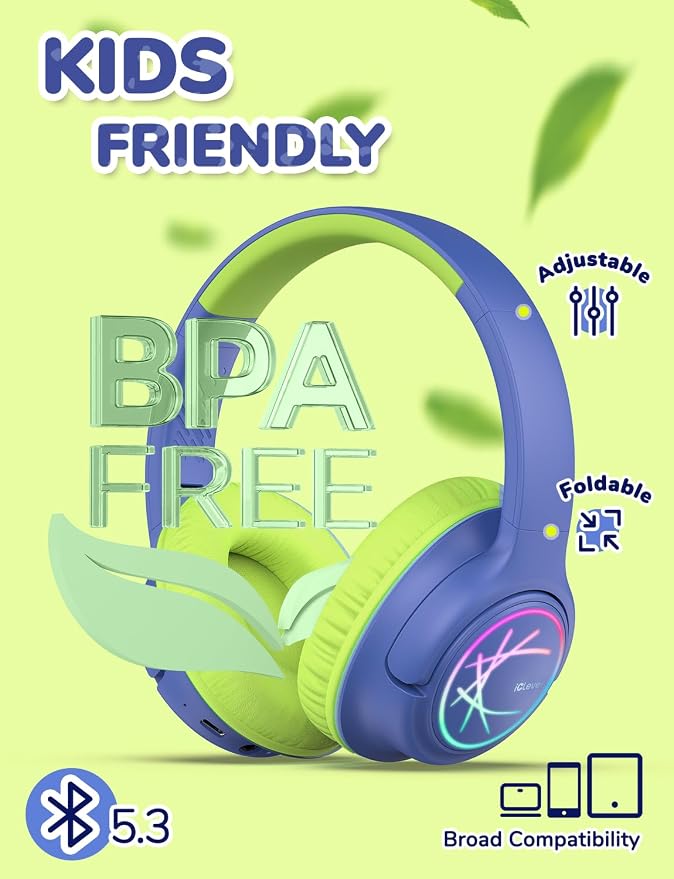 iClever Kids Bluetooth Headphones with LED Lights, BTH18 Safe Volume 74/85 dBA, 43H Playtime, Bluetooth5.3 Kids Headphones Wireless Aux Cord for iPad/Tablet/Travel/School, Green/Blue