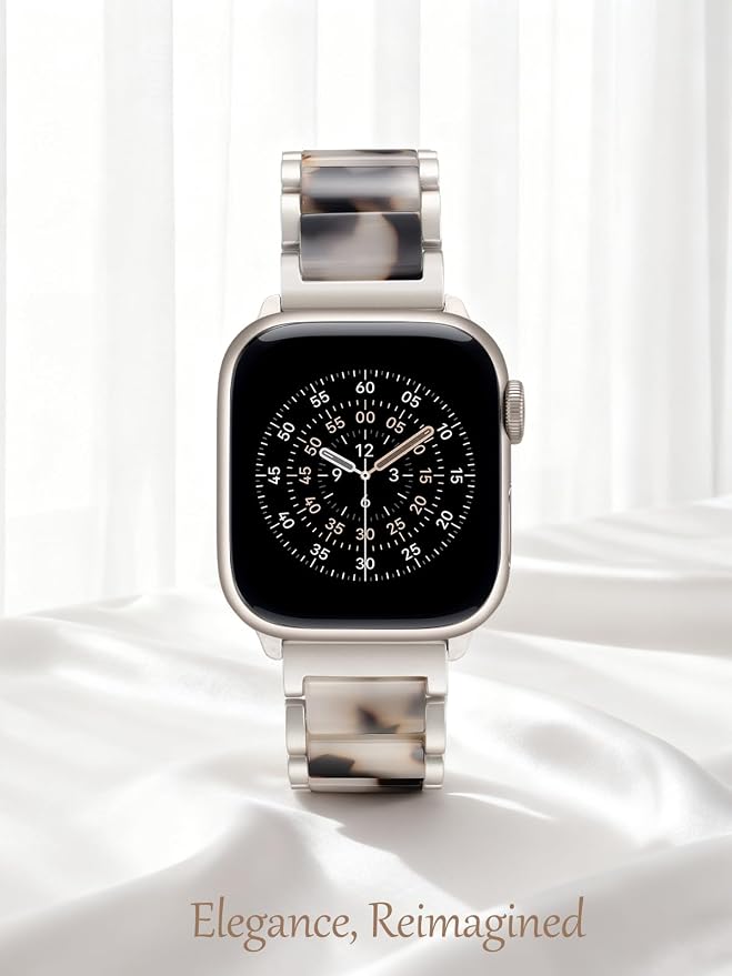 V.R.HOPE Apple Watch Band for Women 42mm 44mm 45mm 46mm 49mm Fashion Rose Gold Stainless Steel Metal Strap with Resin Inlay, Fashion Bracelet Compatible with iWatch Series Ultra3/11/10/9/8/7/6/5/4/3/2/1/SE (Black Floral+Starlight)