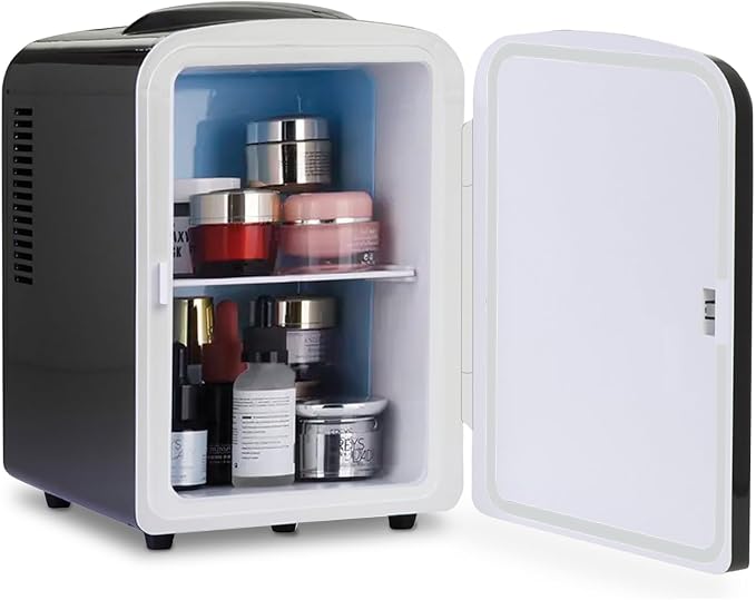 ELLE Multi Purpose 4L Mini Fridge Cooler and Warmer with Cool and Warm Function Removable Shelf Carrying Handle AC DC Power Options for Car Office Bedroom 6 Can Capacity Black