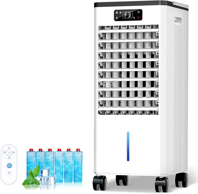 Evaporative Air Cooler, 4-IN-1 Portable Air Conditioners, Swamp Cooler, 3 Speeds & 4 Modes, 2-Gal Tank for Cooling, 16 FT/S Remote Control, Windowless Air Conditioners for Indoors