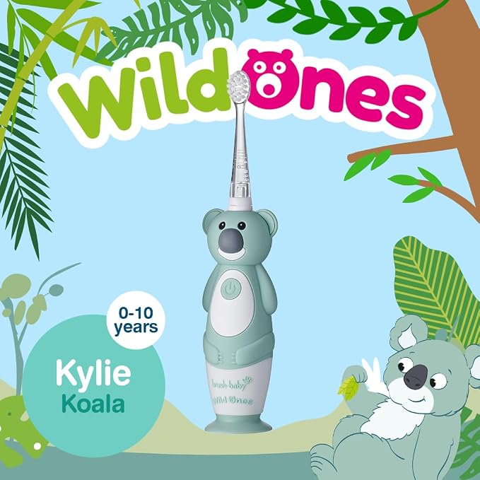 BrushBaby - WildOnes - Kids Rechargeable Electric Toothbrush, Ages 0-10 - Koala Design with Flashing Lights - DeepClean Bristles for Superior Cleaning - 2 Replacement Brush Heads, 1 USB Cable