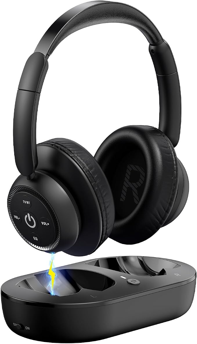 Wireless Headphones for TV Watching, TV Headphones Wireless for Seniors with Transmitter Charging Base, Support Optical,AUX,RCA and USB, High Volume No Audio Delay, Plug and Play, Black