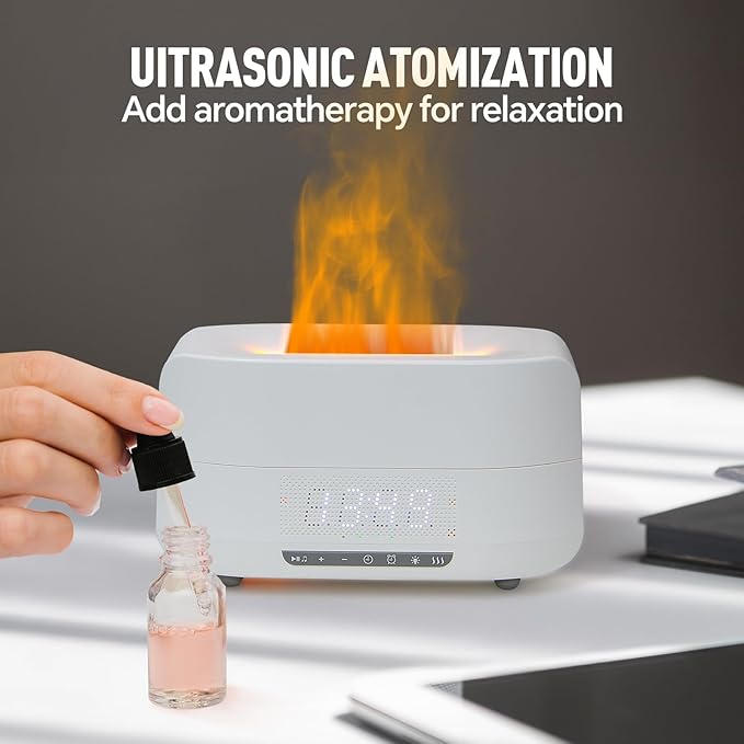 Aroma Essential Oil Diffuser & Humidifier 400mL, 5-in-1 Flame Effect Ultrasonic Diffuser with Bluetooth Speaker, LED Night Light & Clock, Quiet Diffuser for Bedroom Sleep Relaxation (White)