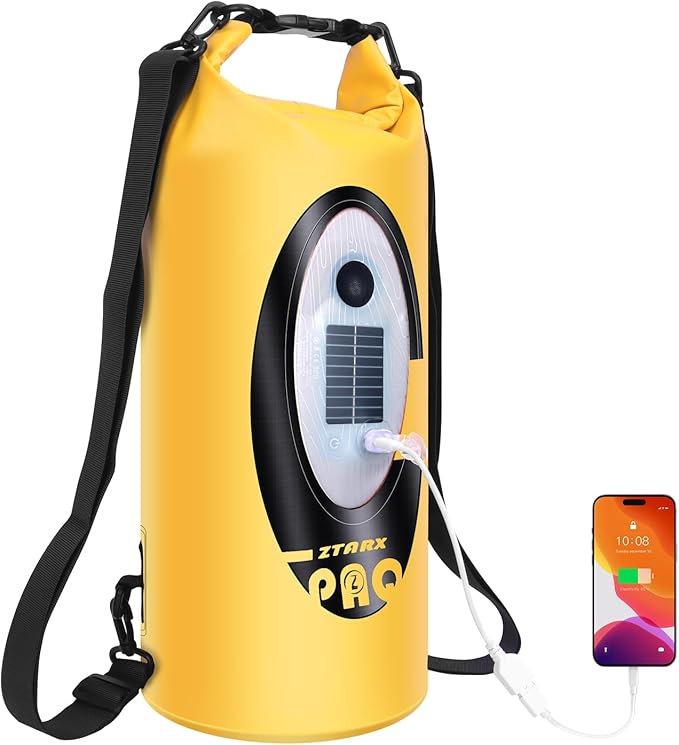 FELICON Waterproof Dry Bag Backpack with Bluetooth Speaker, 10L Roll Top Floating Sack, Solar & USB-C Powered Emergency Charger, RGB Light, Heavy Duty PVC for Kayaking Camping, Yellow